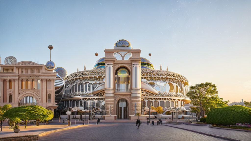 Futuristic metallic and glass building among traditional structures at dusk