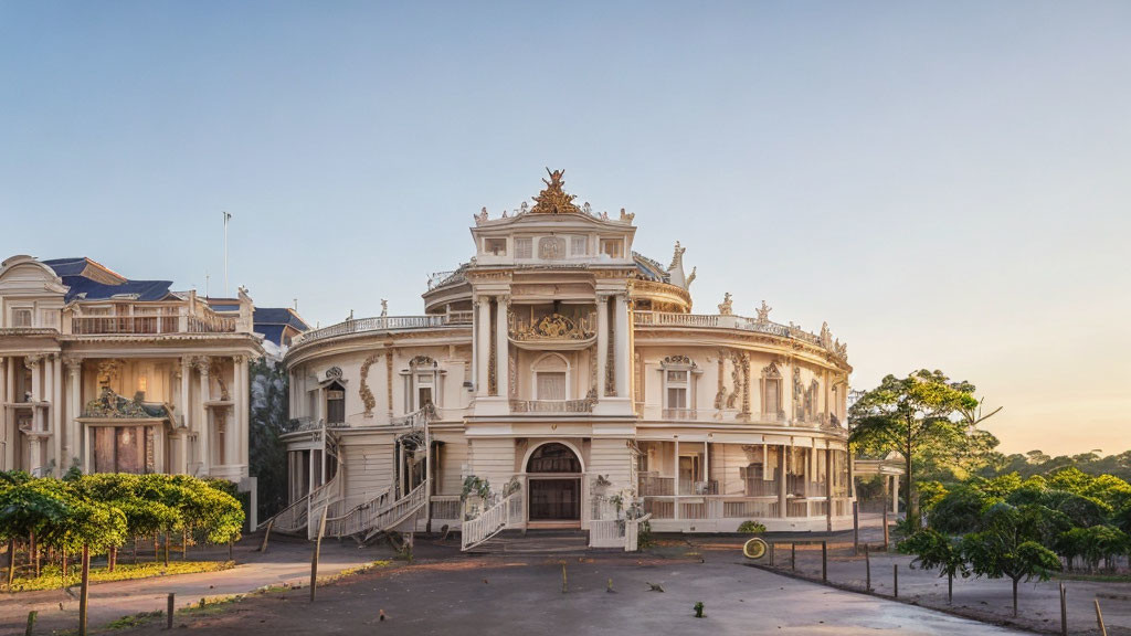 Neoclassical building with intricate facade details and sculptures at sunrise