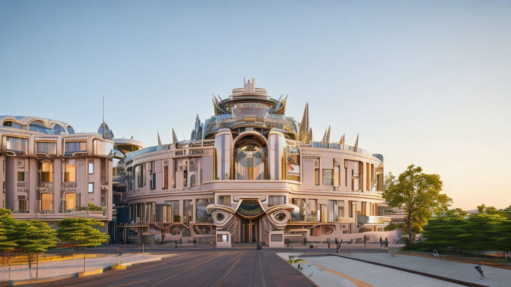 Ornate futuristic architecture with circular center and wing-like structures under clear sky