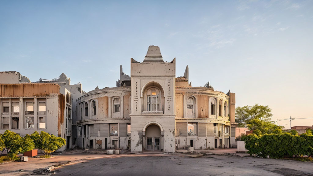 Decaying ornate building with arched entrances and central dome under clear sky