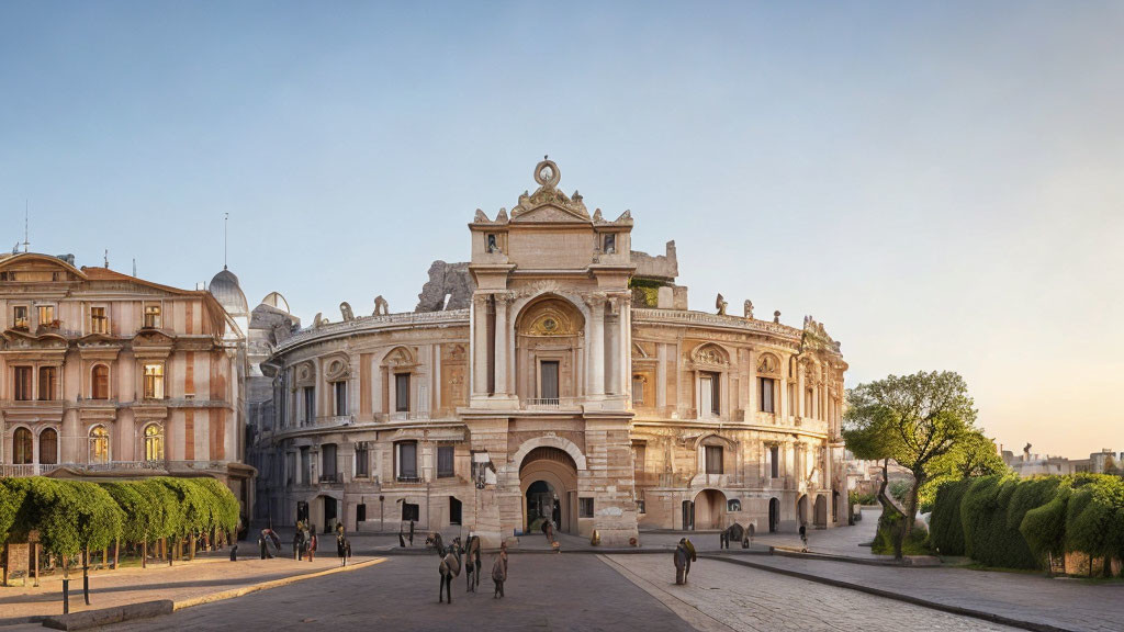 European Classical Building in Bustling Square with Strolling People and Clear Blue Sky