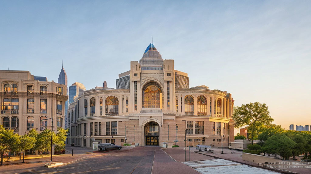 Orchestra Hall with Classic Facade and Arched Windows at Sunset