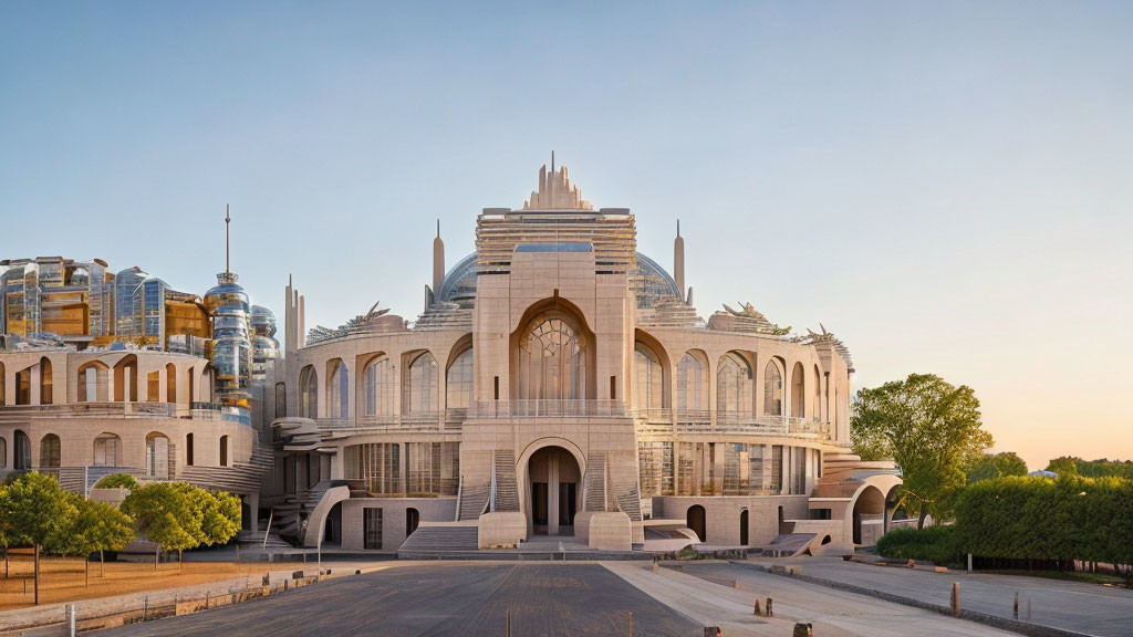 Modern building with grand entrance blending traditional and futuristic architecture under clear blue sky at dusk