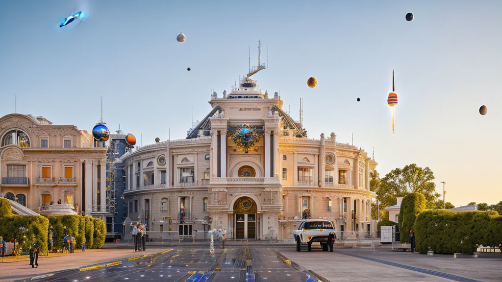 Futuristic city scene with classical building, flying cars, and hovering objects at dusk