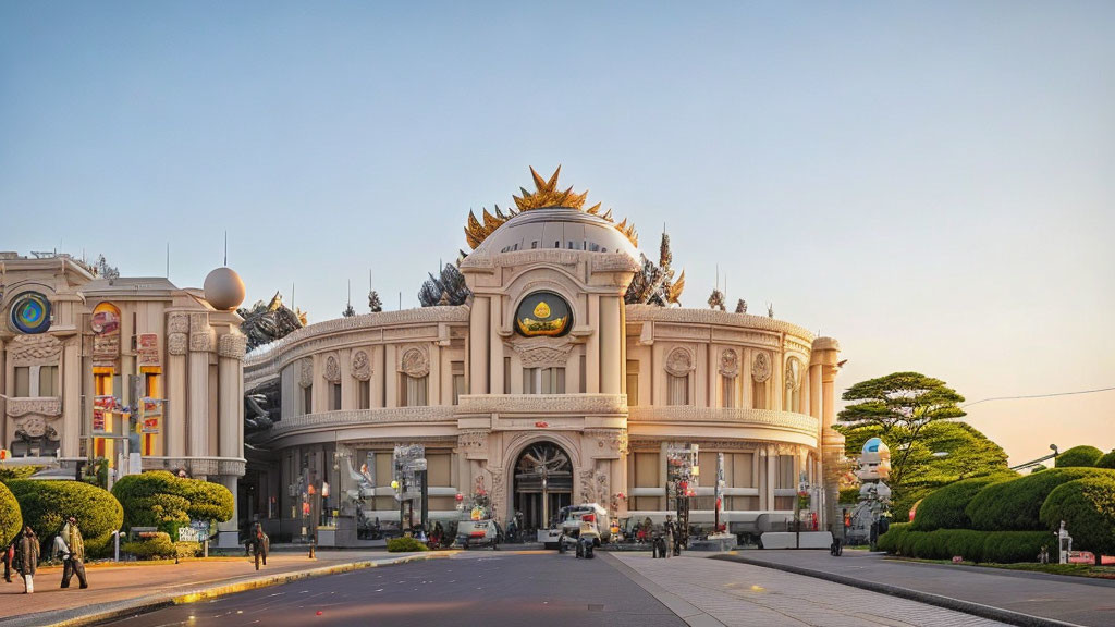 Classical architecture with golden emblem and people in outdoor area