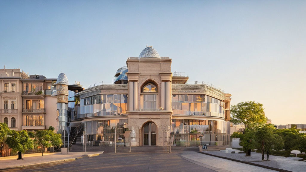 Glass facade modern building with traditional arches, surrounded by classic-style structures at sunrise or sunset