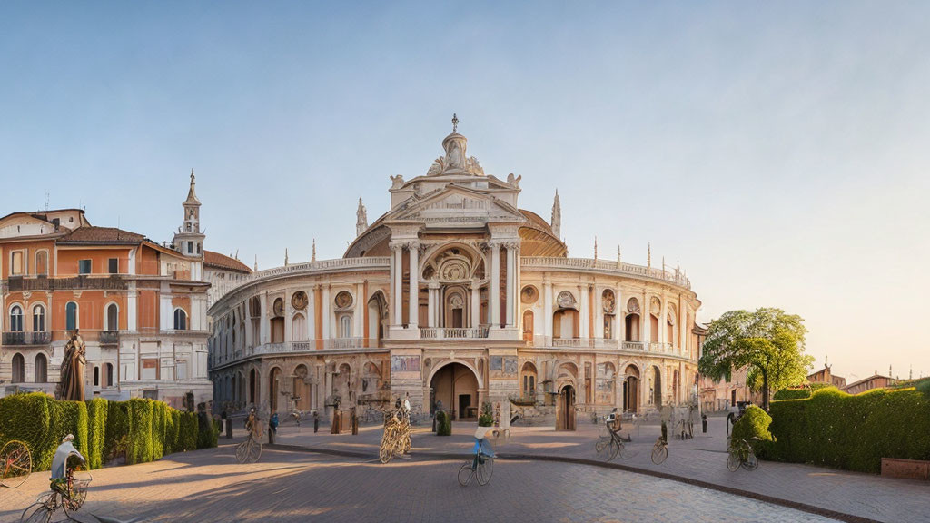 Renaissance-style building with arches, statues, people, and cyclists in courtyard