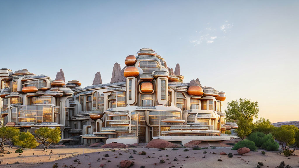 Futuristic multi-level dome-topped desert architecture at dusk