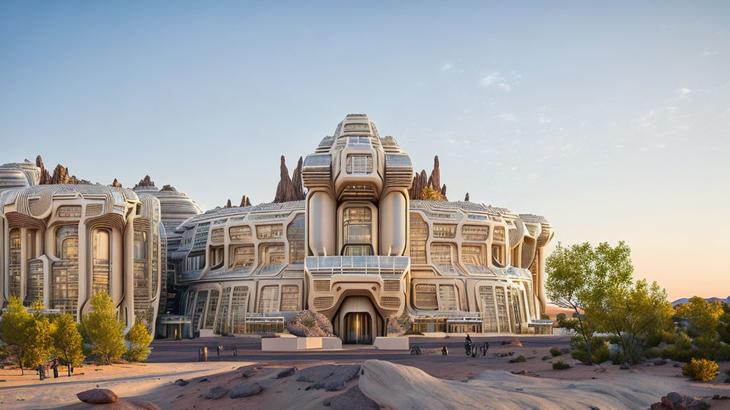 Symmetrical multi-level desert compound at dusk