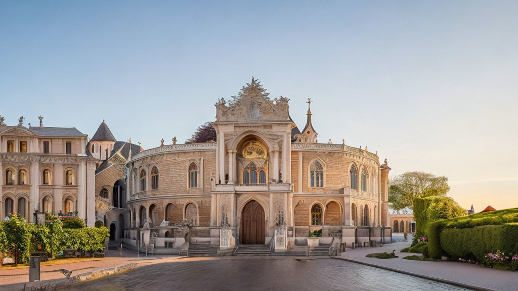 Historical building with ornate architecture and arched windows against blue sky at golden hour