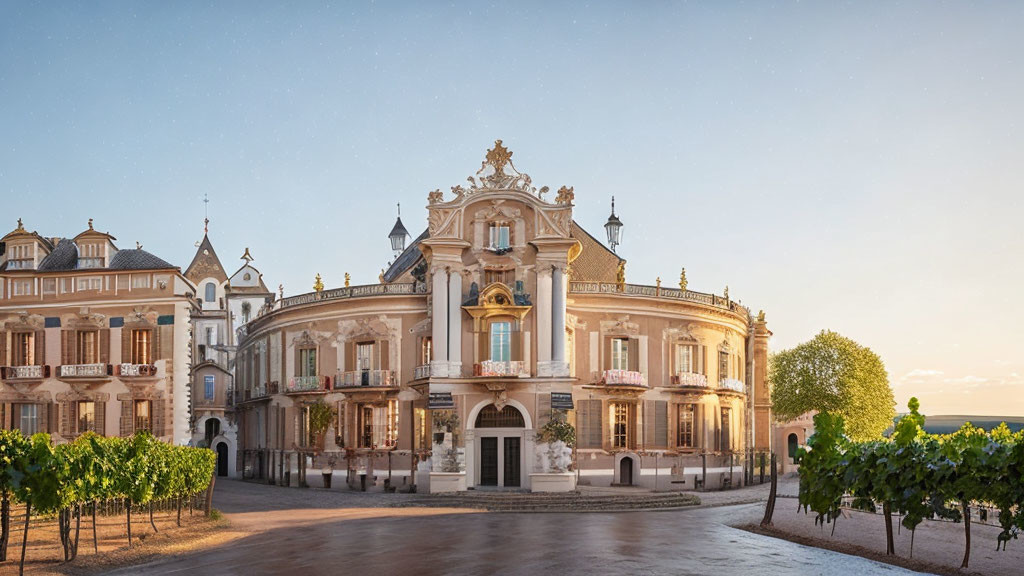 Baroque-style mansion surrounded by grapevines at dusk