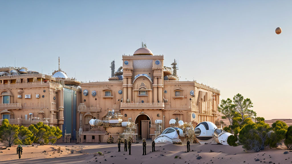 Ornate desert building with domes and arches, futuristic pods, and floating sphere