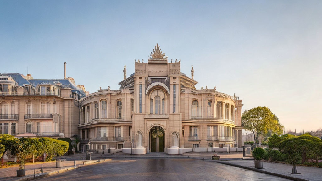 Grand Entrance and Arched Windows on Classical Building Facade