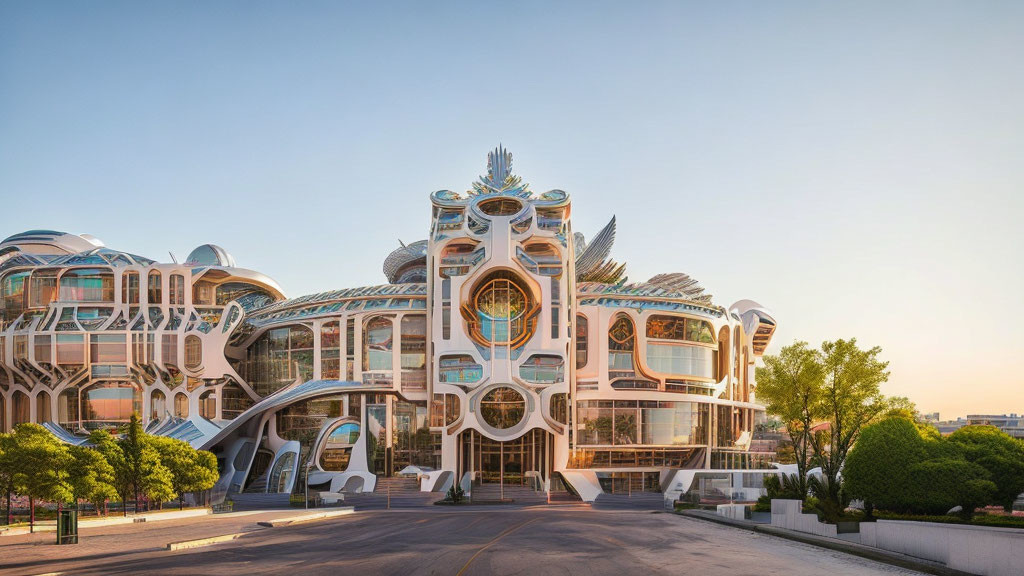 Ornate facade and circular windows on futuristic building