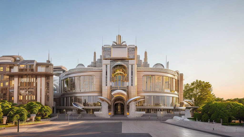 Elaborate facade of modern building with glass dome and symmetrical wings