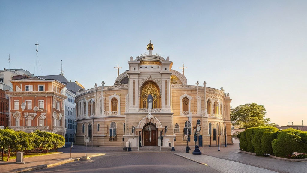 Ornate building with central dome and statues in front against clear blue sky