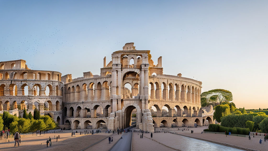 Ancient Roman Amphitheatre Panoramic View at Sunset