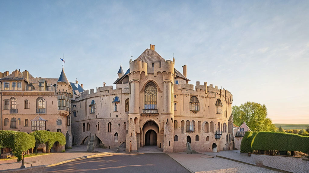 Medieval castle with arched entrance and turrets against blue sky