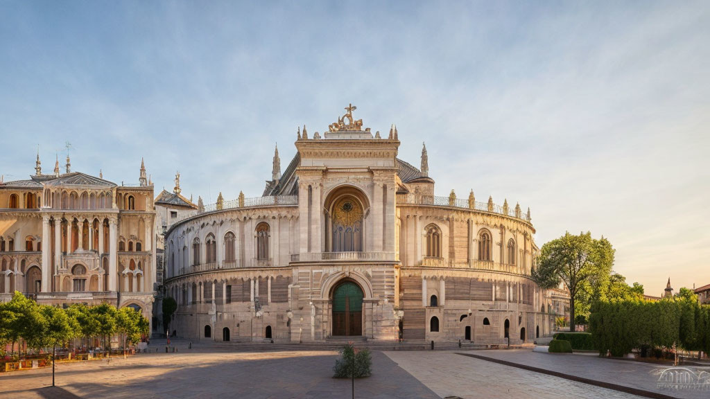 Neoclassical cathedral and arched buildings under clear sky