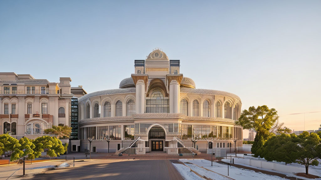 Modern building featuring classic architectural elements: arches and dome, against clear dusk sky