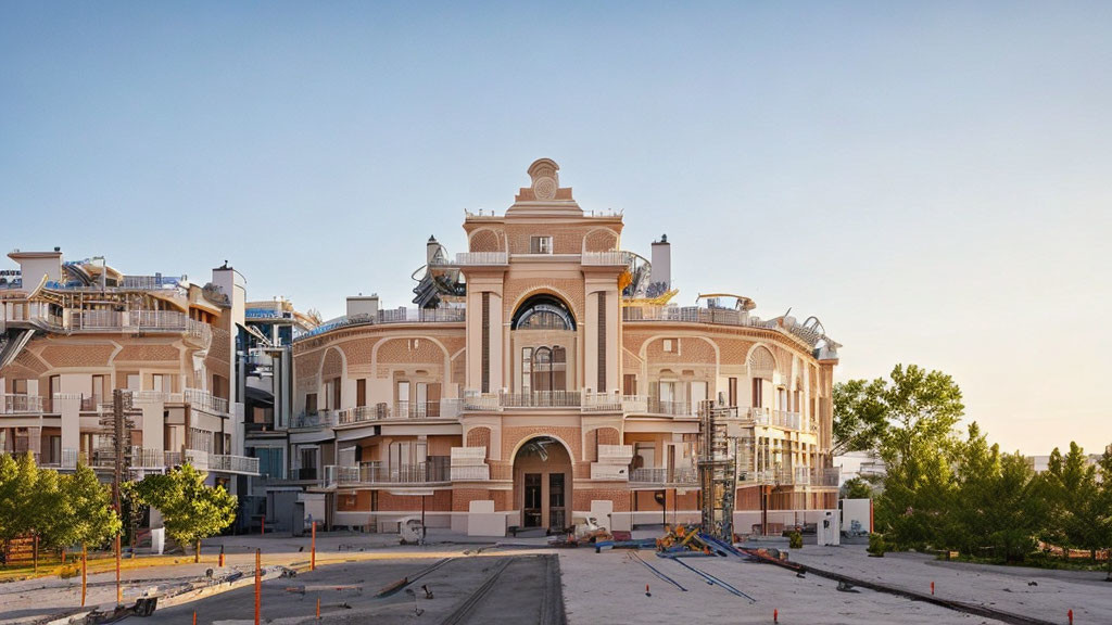 Grand neoclassical building under construction with scaffolding and unfinished landscaping.