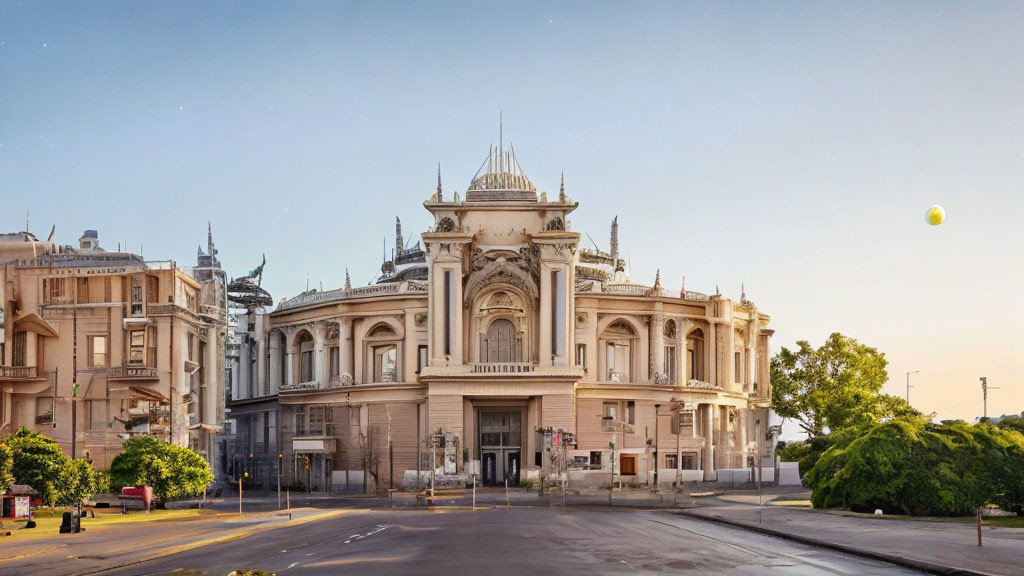 Classical building with intricate facade and domed roof at dawn or dusk