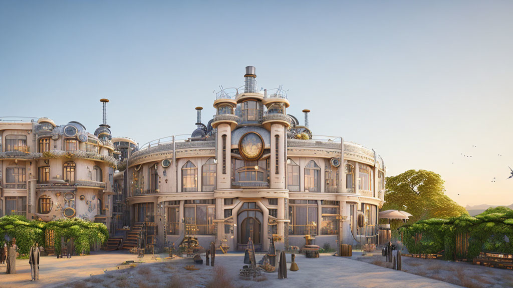 Steampunk-inspired building illustration with clock elements and people at sunset