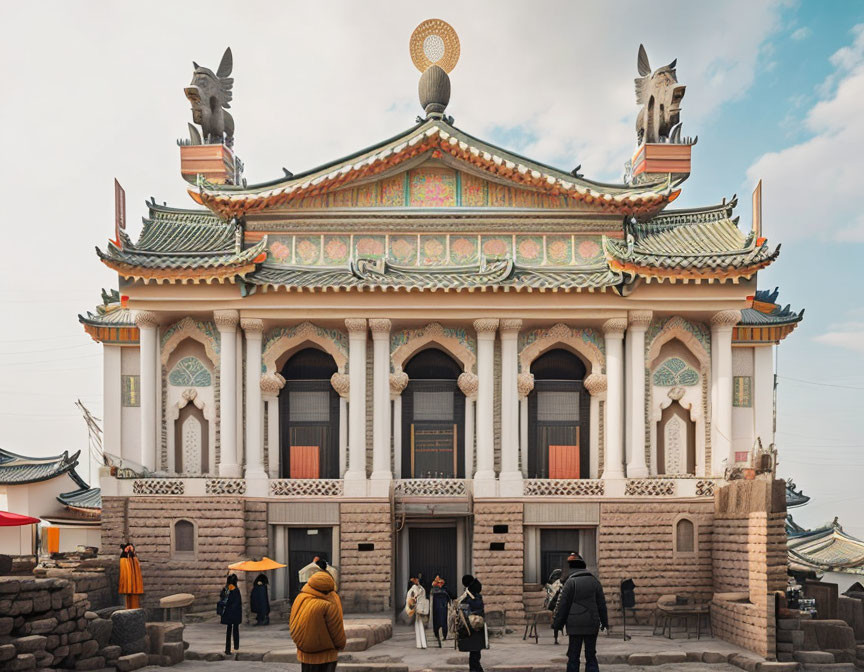 Ornate East Asian Temple with Visitors and Umbrellas