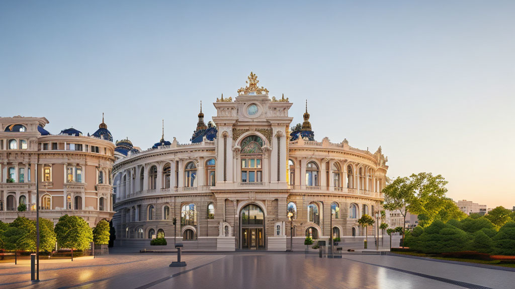 Historic building with intricate facade details at dusk