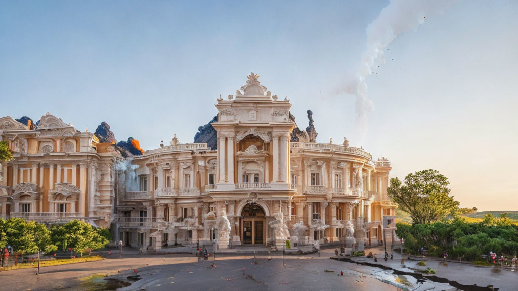 Classical building with pediment, statues, and columns, digitally altered to resemble erupting volcano