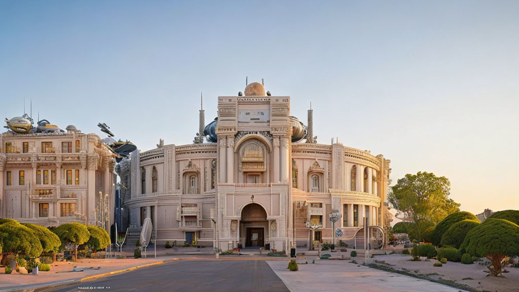 Modern building with classical facade, domes, and sculptures under clear sky