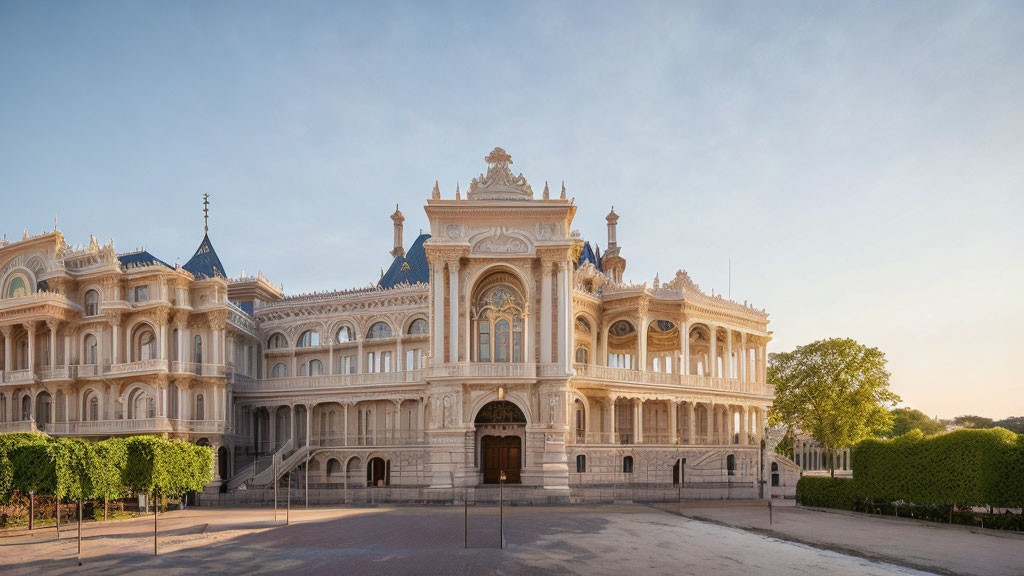 Neoclassical building with intricate façades and spires against dusk sky