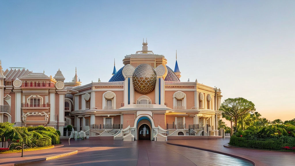 Elegant amusement park entrance with decorative globe and pastel buildings