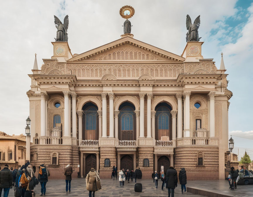 Ornate Neoclassical Building with Statues and Arch Windows