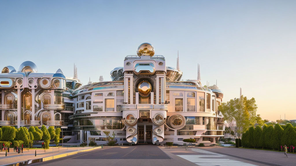 Futuristic architecture with central golden sphere and ornate white buildings