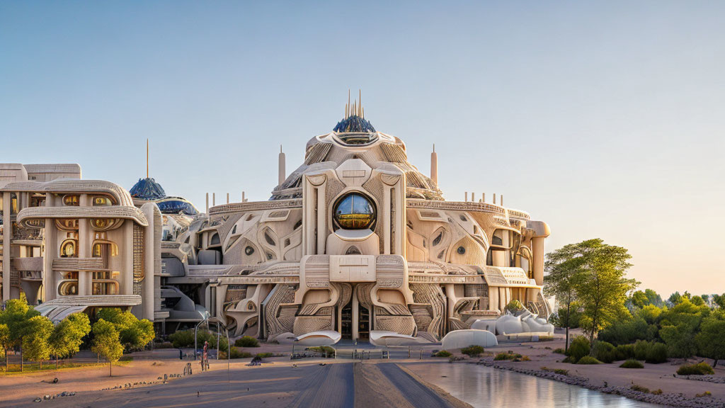 Organic-shaped futuristic architecture with domes and trees against clear sky