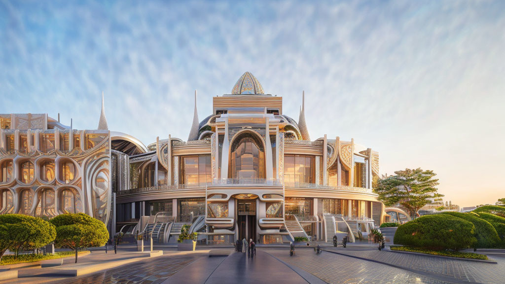 Intricate modern architectural building with golden accents and grand staircase at dusk