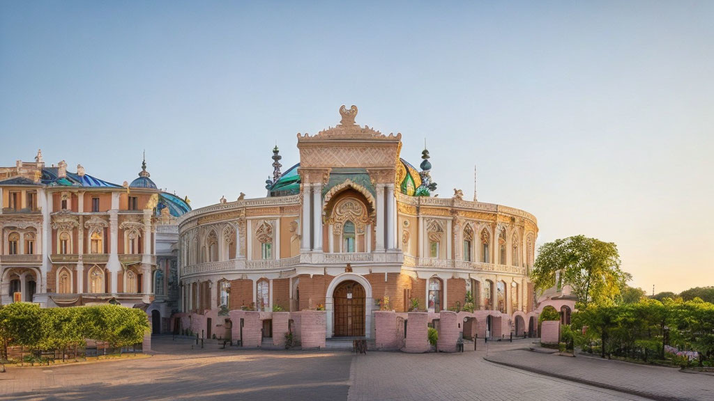 Historical Building with Ornate Facade and Pastel-Colored Surroundings