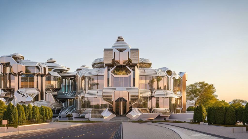 Symmetrical futuristic building with metallic wings under clear dusk sky