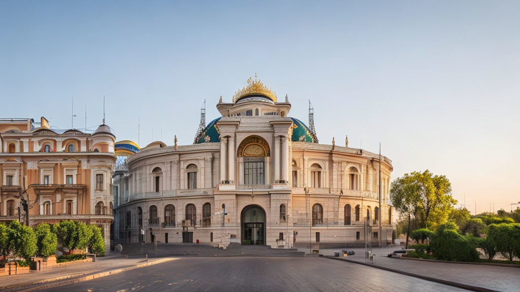 Ornate building with green dome in empty streets at dawn or dusk