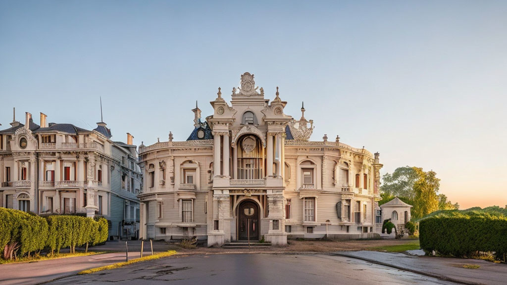 Baroque-style building with ornate facade and statues in warm sunlight