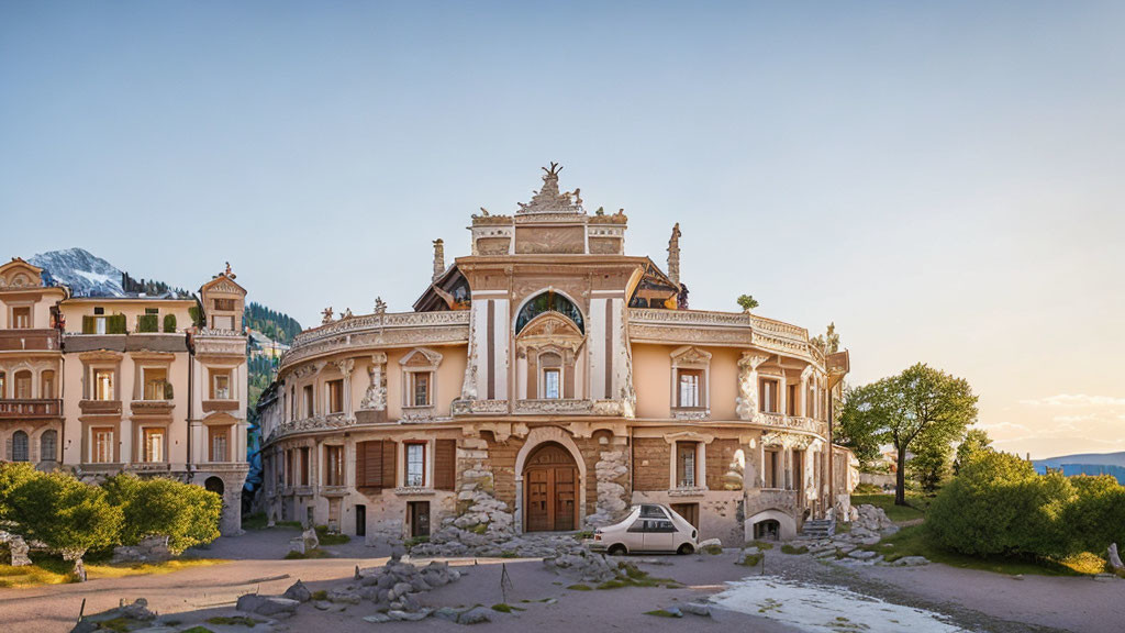 Historic building with intricate architecture and balcony against mountain sunset.