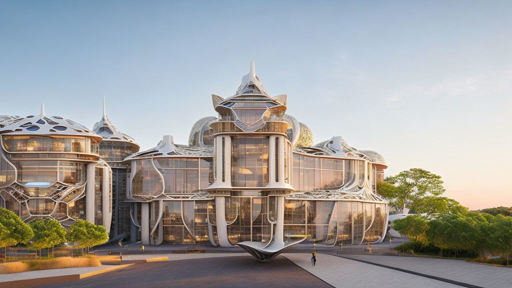 Glass domed building with metalwork against clear sky in modern architecture.