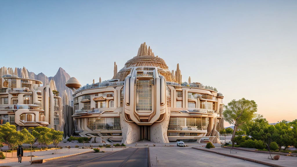 Organic flower-shaped futuristic architecture at sunset