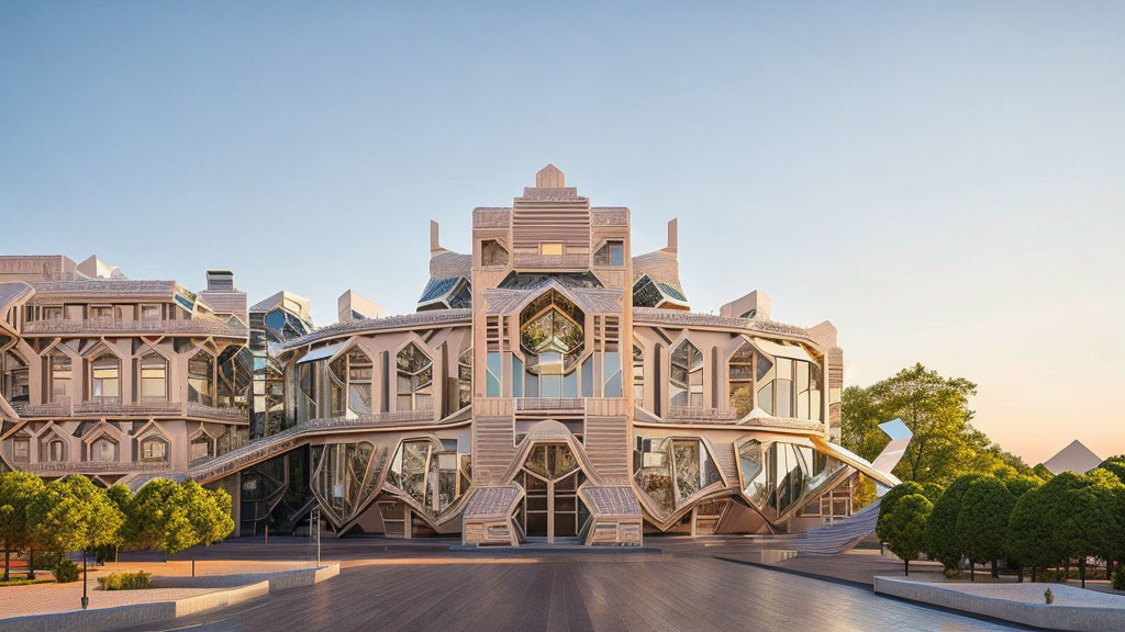 Architecturally intricate modern building with geometric patterns and glasswork, surrounded by trees at sunset