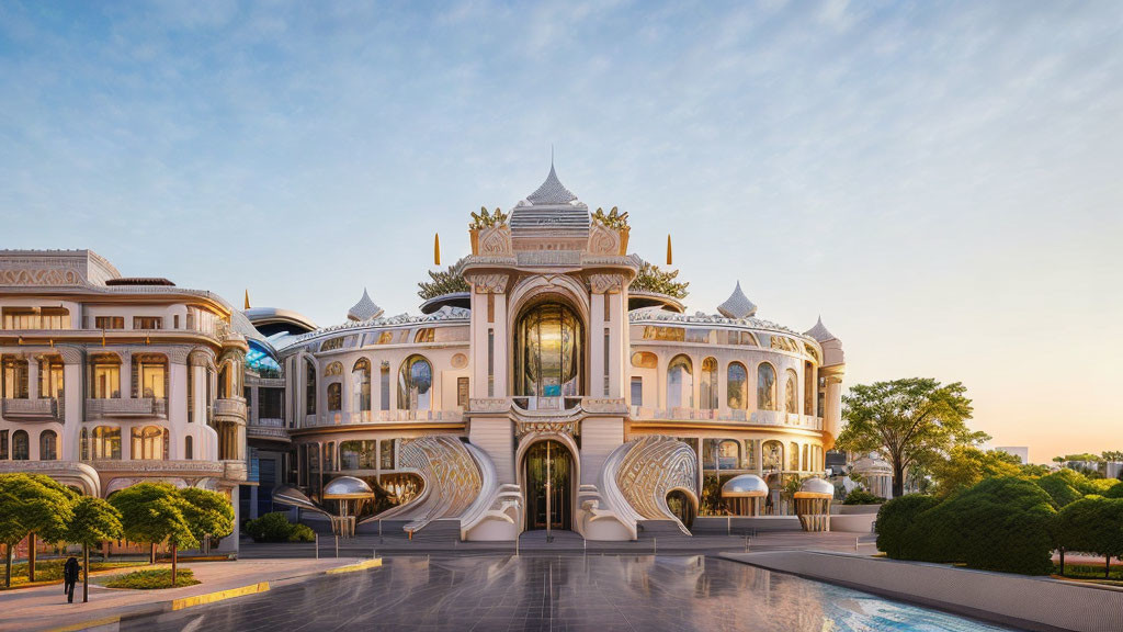 Luxurious white palace with traditional & modern architecture, gold details, under scenic dusk sky