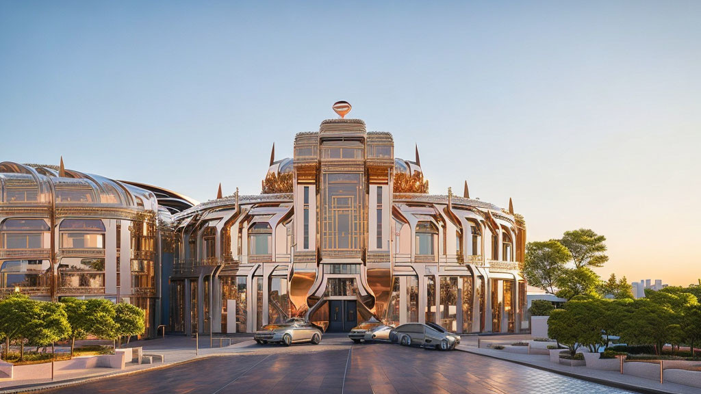 Futuristic building with central dome and glass structures at sunset