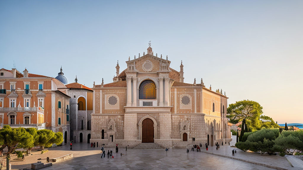 Renaissance Cathedral Surrounded by Classical Buildings and People Gathering