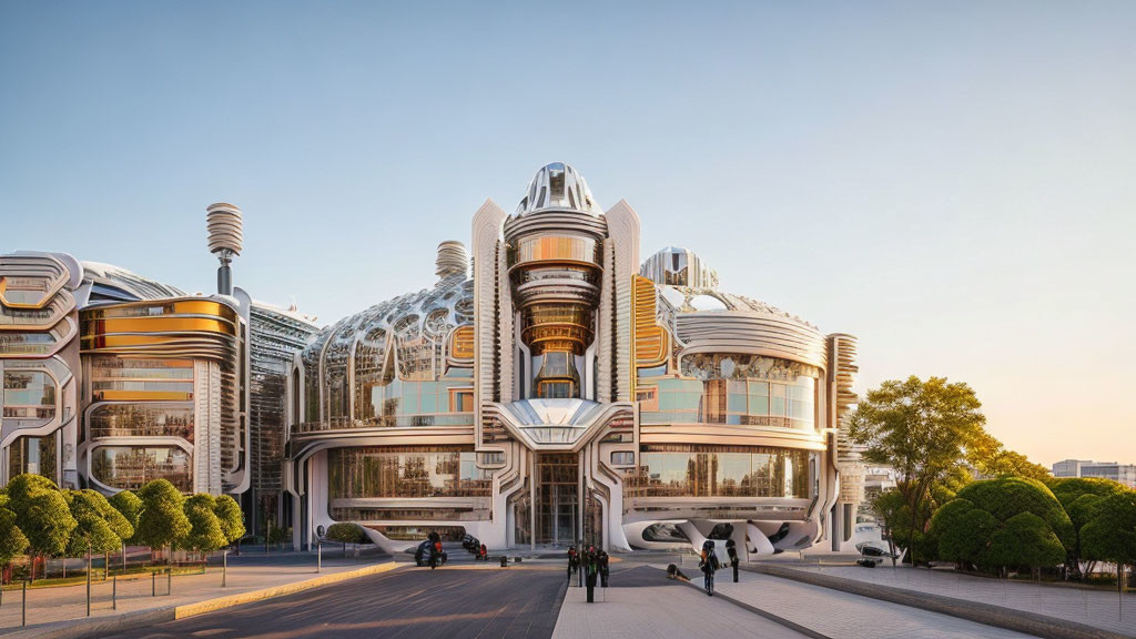 Symmetrical futuristic architecture with rounded shapes and metallic elements