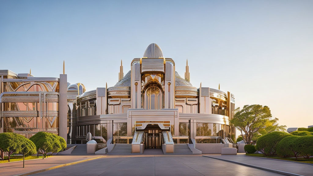 Symmetrical Art Deco-inspired building with golden hues and central dome.